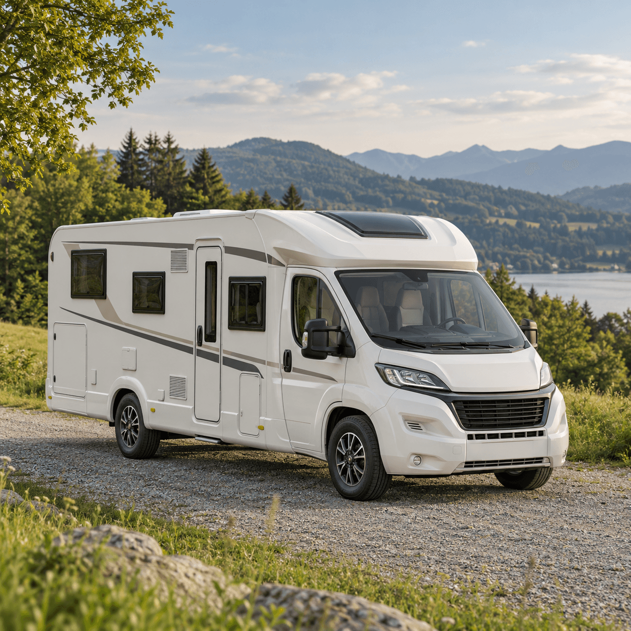 Illustrative image of a white low-profile motorhome in a green landscape